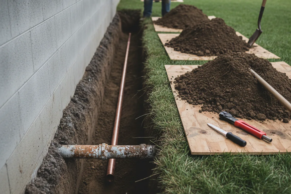 Excavated water line trench during Water Heater Repair in Wade